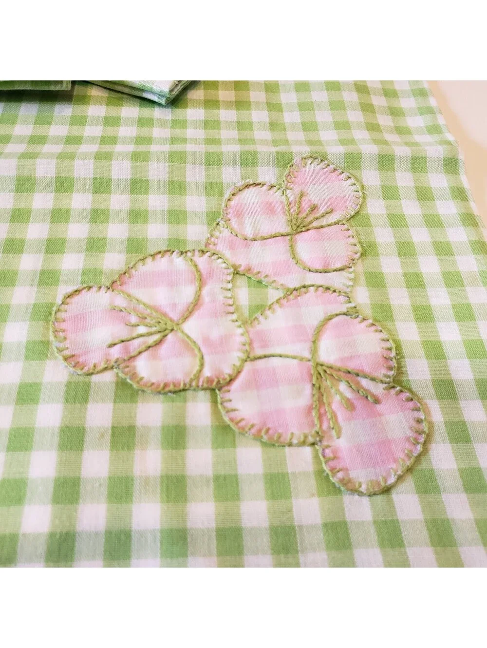 Vintage Cotton Gingham Napkin Placemat Set Green Pink Applique Hand Made Retro